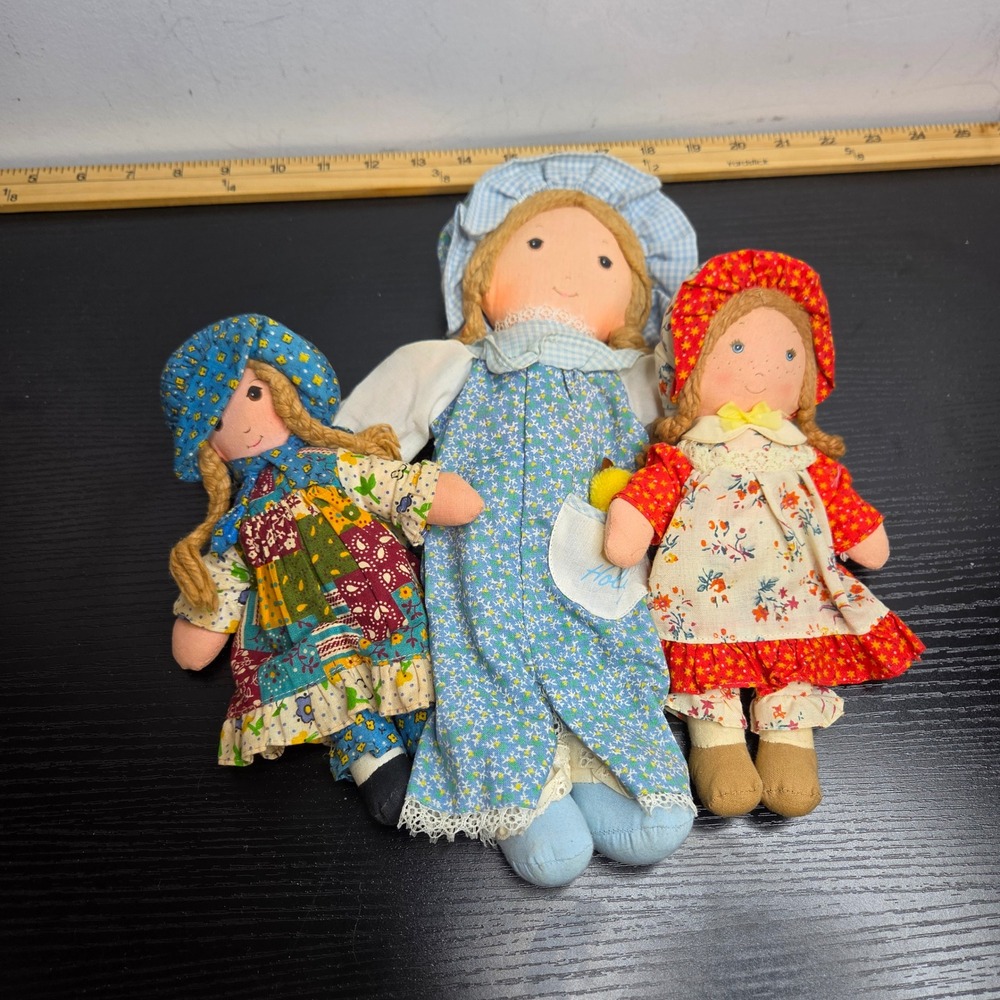 Vintage Holly Hobbie Rag Doll Set 3pc Knickerbocker Carrie Cloth Dolls 1970s